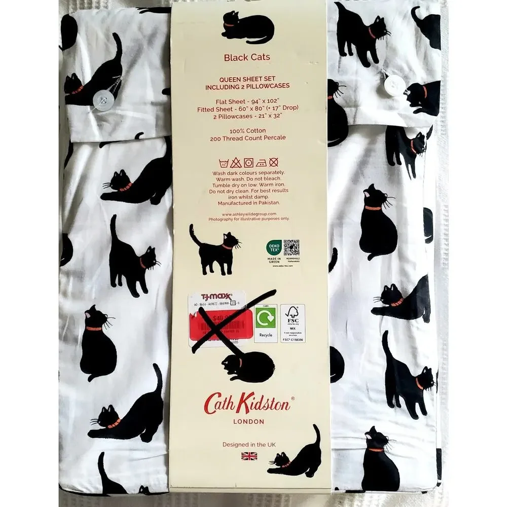 Cath Kidston Black Cats Queen Sheet Set New 100% Cotton Percale Halloween Cat
